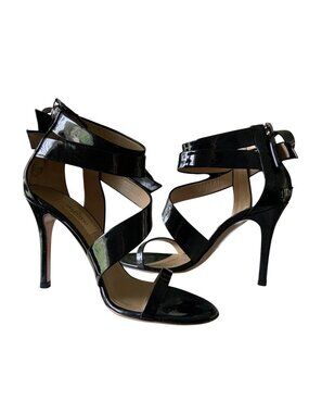 Valentino Black Patent Leather Bow Strap Stiletto Heels Size 35.5 Elegant Design